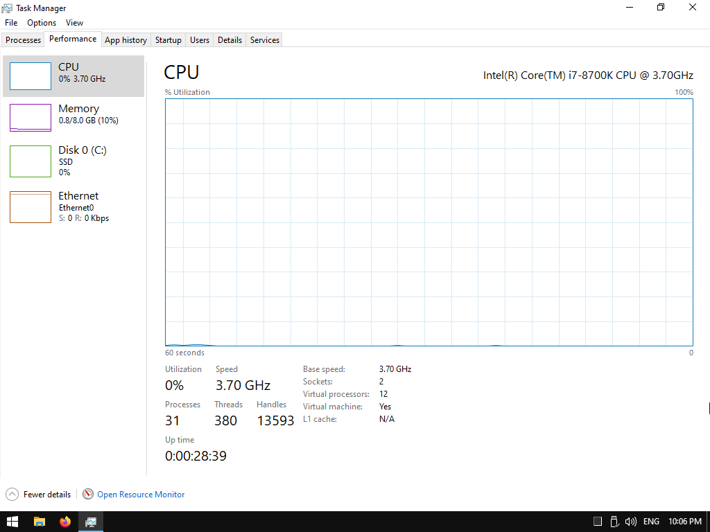 Optimized Windows Task Manager showing minimal resource usage